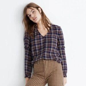 Madewell Blue Plaid V-Neck Long Sleeve Ruffle Top Flannel Shirt Pullover Sz Med